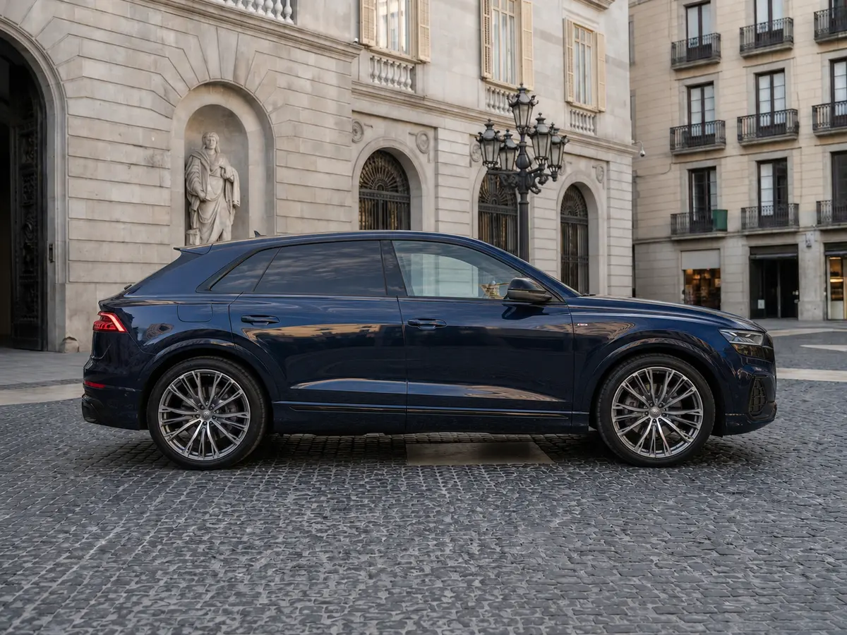 Audi Q8 55 TFSI 2022, front view — Lisbon Luxury Car Rental, Lisbon. The Audi Q8 55 TFSI brings a composed, substantial character to the road: 340 hp routed…