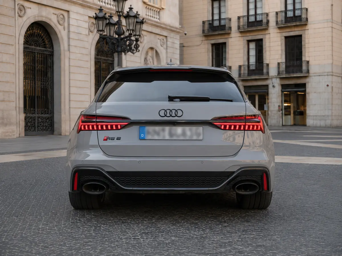 Audi RS6 Dynamic 2023, rear view — Lisbon Luxury Car Rental, Lisbon. The 2023 Audi RS6 Dynamic pairs 621 hp with a five-seat cabin, which makes it an unusual…
