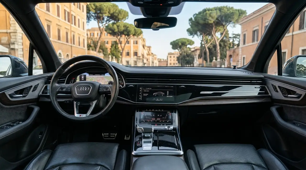 Audi SQ7 7seater 2023, rear view — Lisbon Luxury Car Rental, Lisbon. The Audi SQ7 pairs an unusually wide cabin with 530 hp under the hood, a combination that…
