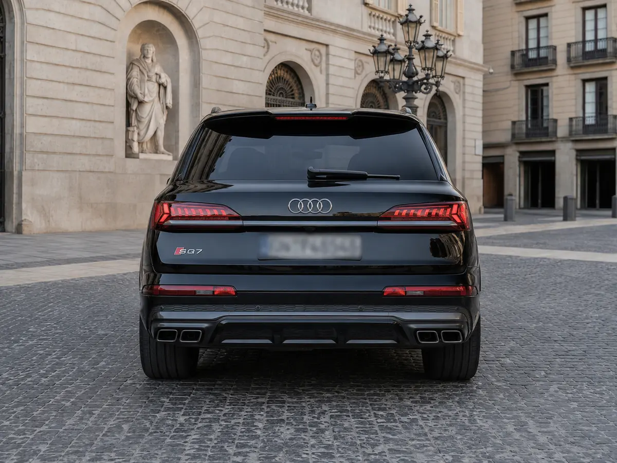 Audi SQ7 7seater 2023, rear view — Lisbon Luxury Car Rental, Lisbon. The Audi SQ7 pairs an unusually wide cabin with 530 hp under the hood, a combination that…