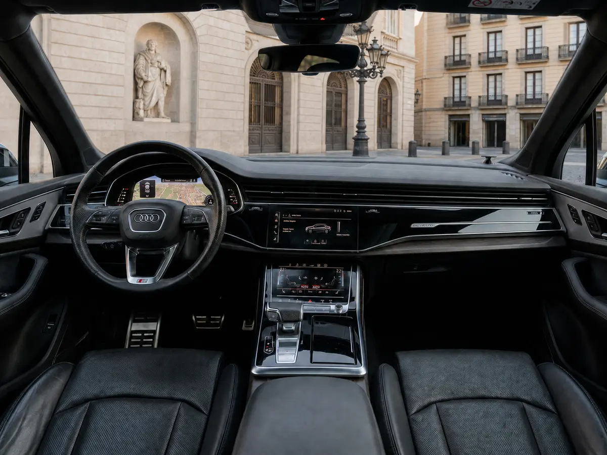 Audi SQ7 7seater 2023, interior — Lisbon Luxury Car Rental, Lisbon. The Audi SQ7 pairs an unusually wide cabin with 530 hp under the hood, a combination that…