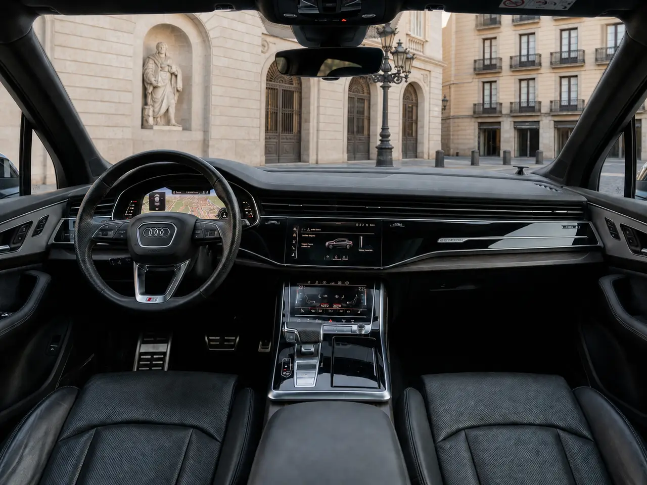 Audi SQ7 7seater 2023, interior — Lisbon Luxury Car Rental, Lisbon. The Audi SQ7 pairs an unusually wide cabin with 530 hp under the hood, a combination that…
