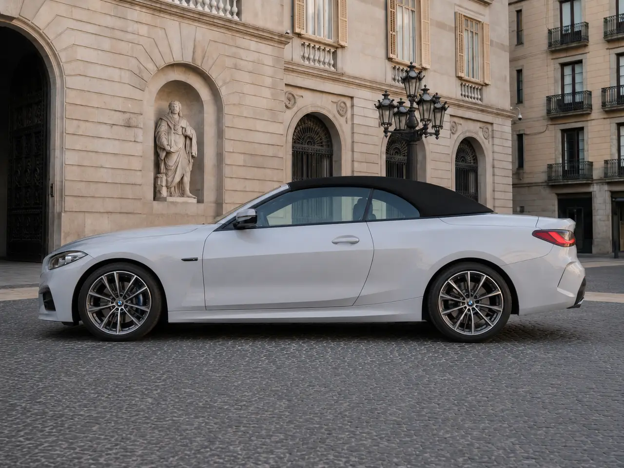 BMW 430i Cabrio 2023, exterior — Lisbon Luxury Car Rental, Lisbon. The BMW 430i Cabrio pairs a 245 hp turbocharged engine with a soft-top roof that lowers…