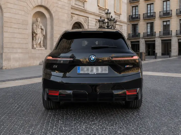 BMW IX M60 2023, rear view — Lisbon Luxury Car Rental, Lisbon. The 2023 BMW iX M60 brings a different kind of presence to the fleet: full electric power…