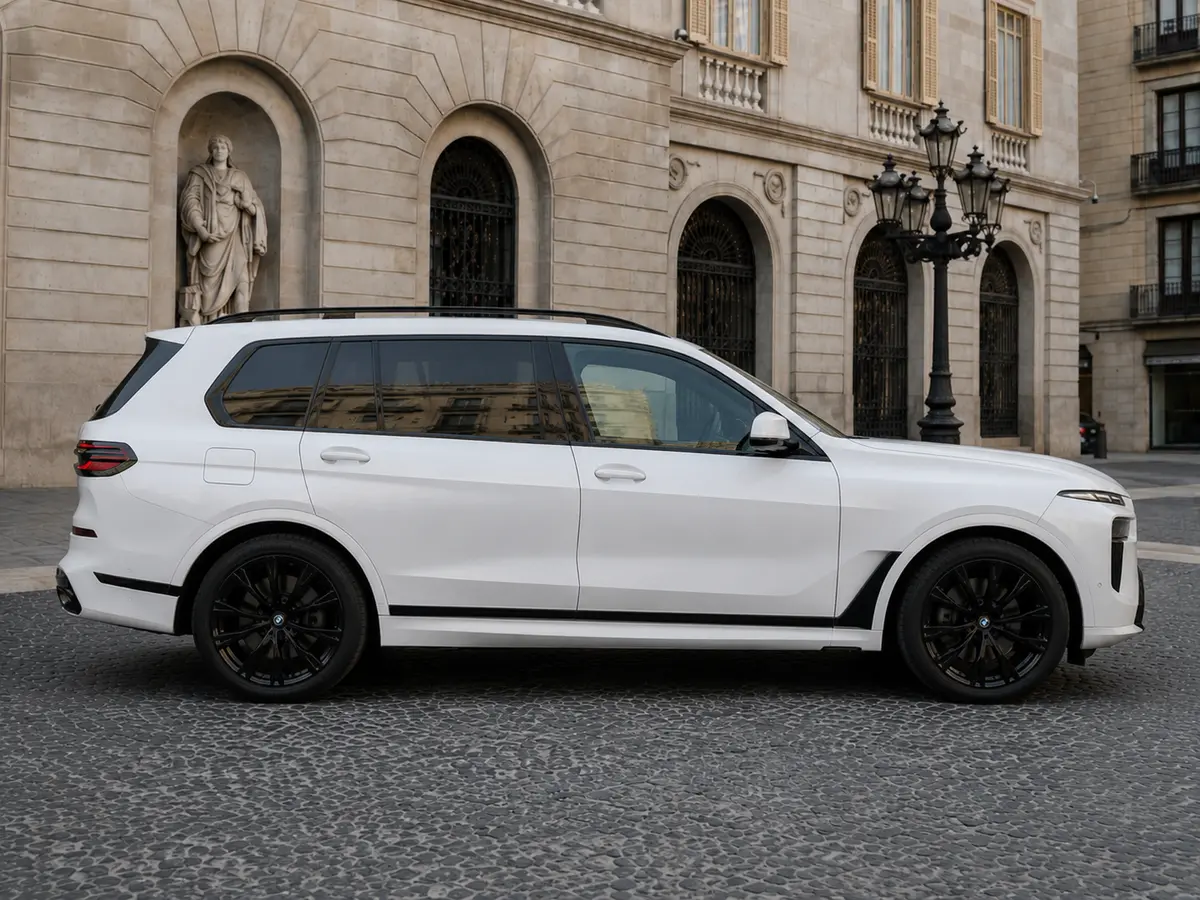 BMW X7 40d M 2024, front view — Lisbon Luxury Car Rental, Lisbon. The 2024 BMW X7 40d M brings a rare combination to Lisbon's roads: seven seats, 352 hp,…