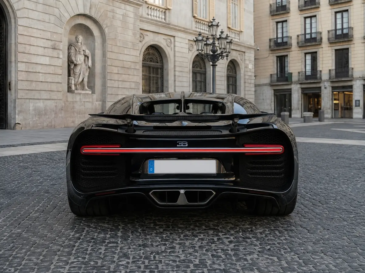 Bugatti Chiron 110 Ani 2019, rear view — Lisbon Luxury Car Rental, Lisbon. The Bugatti Chiron 110 Ani is a limited anniversary build marking Bugatti's 110th year,…