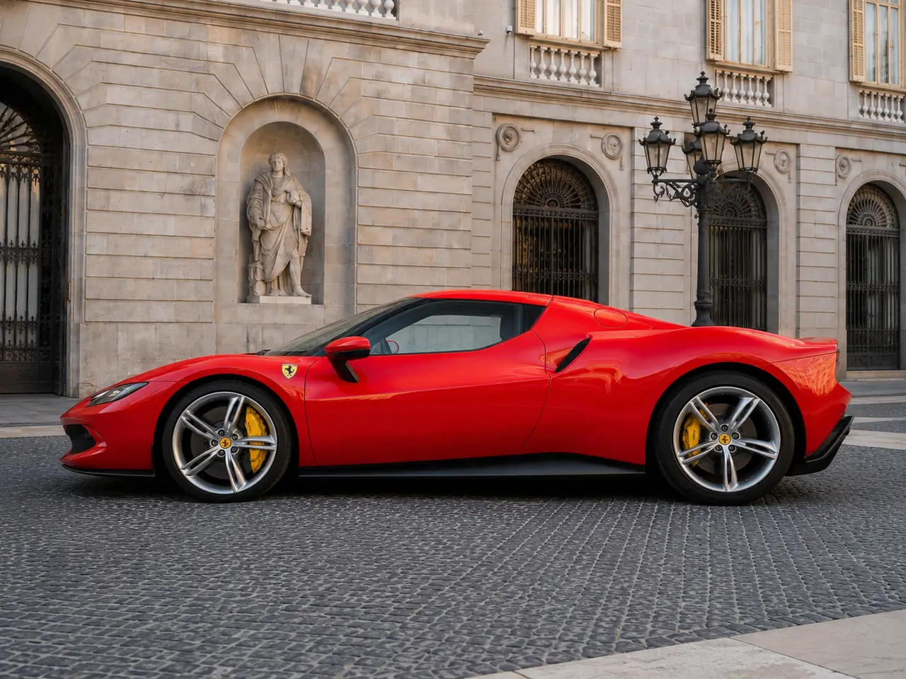 Ferrari 296 GTB 2023, exterior — Lisbon Luxury Car Rental, Lisbon. The 296 GTB pairs a twin-turbo V6 with hybrid assistance to reach 830 hp, delivered…