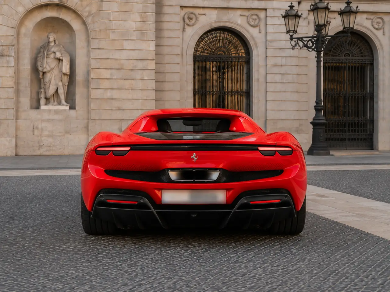 Ferrari 296 GTB 2023, front view — Lisbon Luxury Car Rental, Lisbon. The 296 GTB pairs a twin-turbo V6 with hybrid assistance to reach 830 hp, delivered…