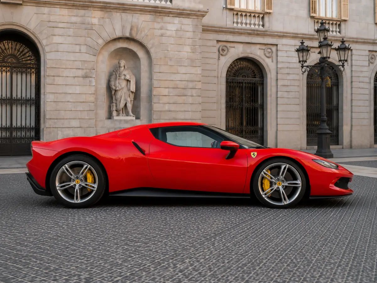 Ferrari 296 GTB 2023, rear view — Lisbon Luxury Car Rental, Lisbon. The 296 GTB pairs a twin-turbo V6 with hybrid assistance to reach 830 hp, delivered…