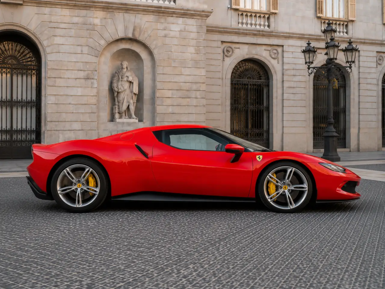 Ferrari 296 GTB 2023, rear view — Lisbon Luxury Car Rental, Lisbon. The 296 GTB pairs a twin-turbo V6 with hybrid assistance to reach 830 hp, delivered…