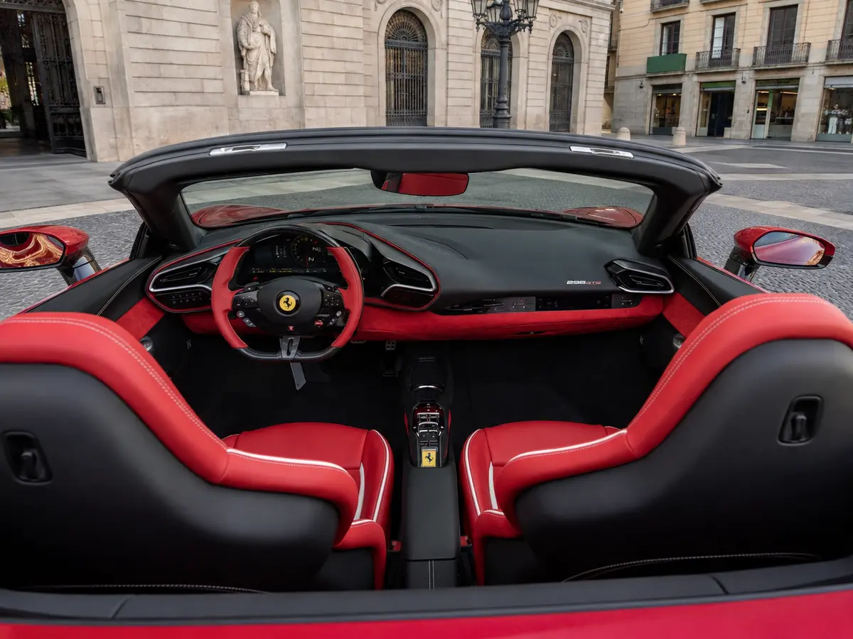 Ferrari 296 GTS Spider 2025, interior — Lisbon Luxury Car Rental, Lisbon. The 2025 Ferrari 296 GTS Spider pairs a folding hard-top with 819 hp, a combination built…