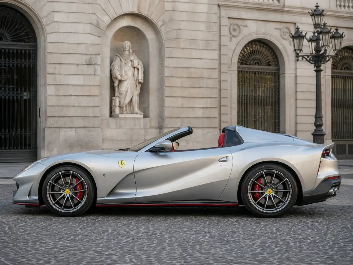 Ferrari 812 GTS 2024, exterior — Lisbon Luxury Car Rental, Lisbon. The Ferrari 812 GTS pairs a naturally aspirated V12 producing 800 hp with a folding hard…