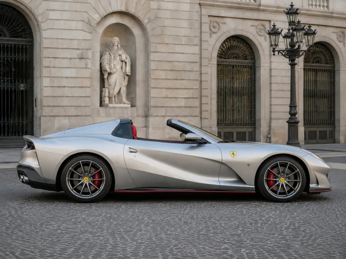 Ferrari 812 GTS 2024, front view — Lisbon Luxury Car Rental, Lisbon. The Ferrari 812 GTS pairs a naturally aspirated V12 producing 800 hp with a folding hard…