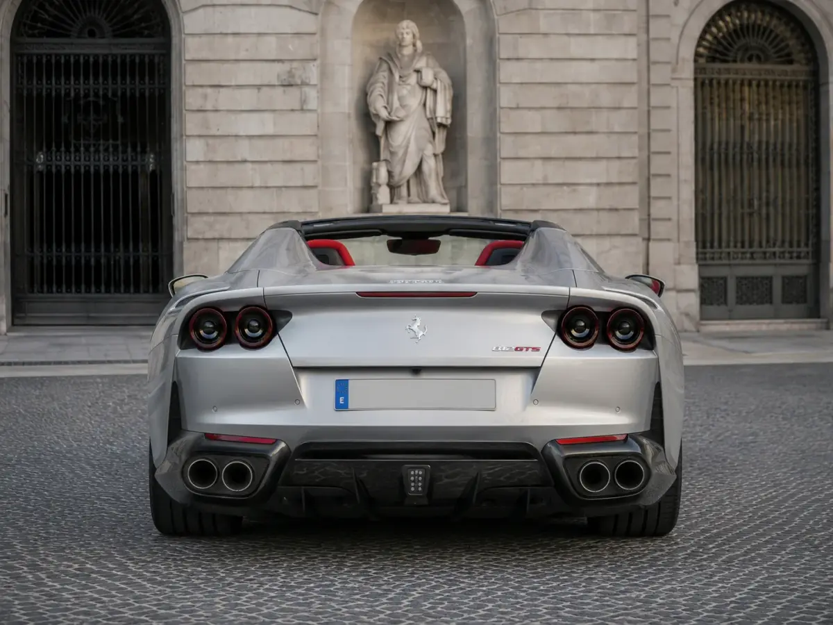 Ferrari 812 GTS 2024, rear view — Lisbon Luxury Car Rental, Lisbon. The Ferrari 812 GTS pairs a naturally aspirated V12 producing 800 hp with a folding hard…