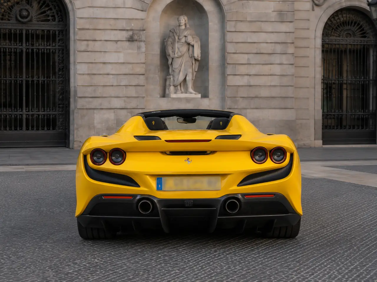 Ferrari F8 SPIDER 2023, rear view — Lisbon Luxury Car Rental, Lisbon. The Ferrari F8 Spider pairs a 720 hp twin-turbo V8 with a retractable hard top, giving it…