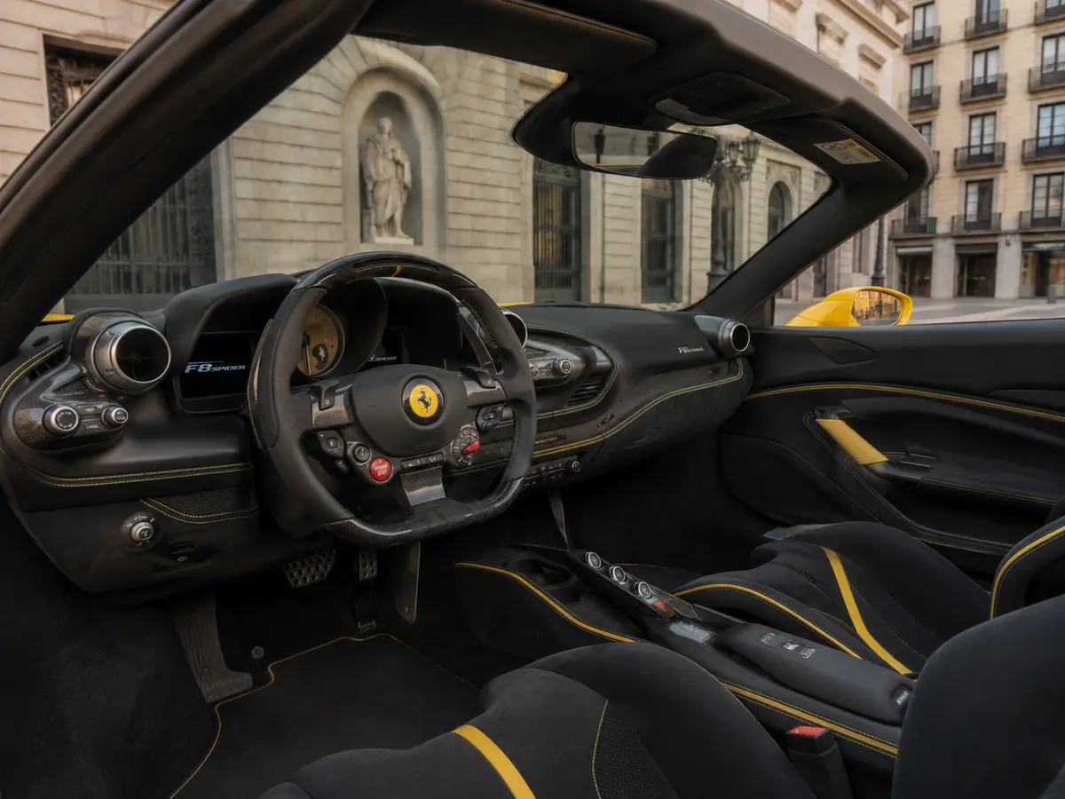 Ferrari F8 SPIDER 2023, interior — Lisbon Luxury Car Rental, Lisbon. The Ferrari F8 Spider pairs a 720 hp twin-turbo V8 with a retractable hard top, giving it…