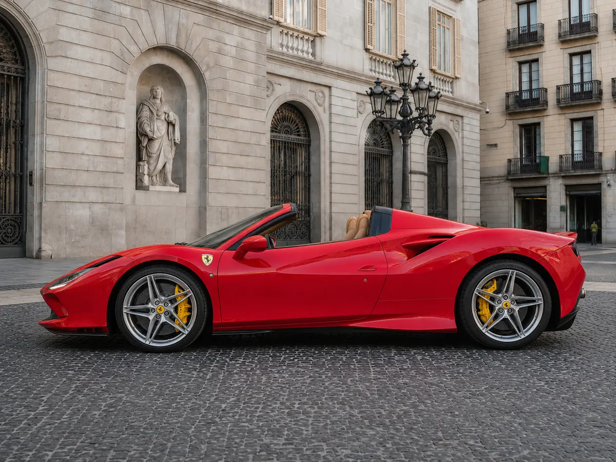 Ferrari F8 Tributo Spider Red 2023, exterior — Lisbon Luxury Car Rental, Lisbon. The Ferrari F8 Tributo Spider pairs a 720 hp twin-turbo V8 with a retractable hard top,…