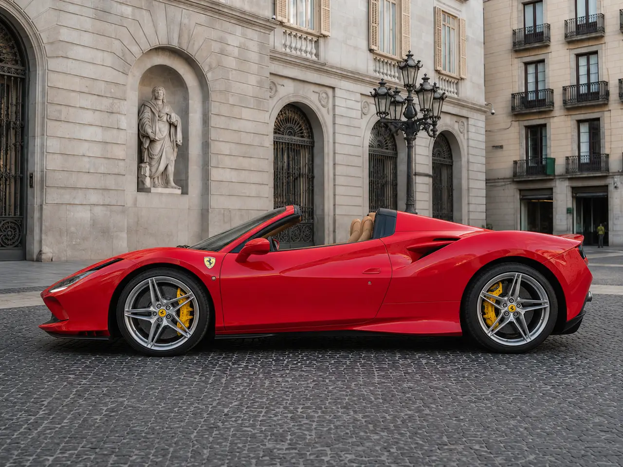 Ferrari F8 Tributo Spider Red 2023, exterior — Lisbon Luxury Car Rental, Lisbon. The Ferrari F8 Tributo Spider pairs a 720 hp twin-turbo V8 with a retractable hard top,…