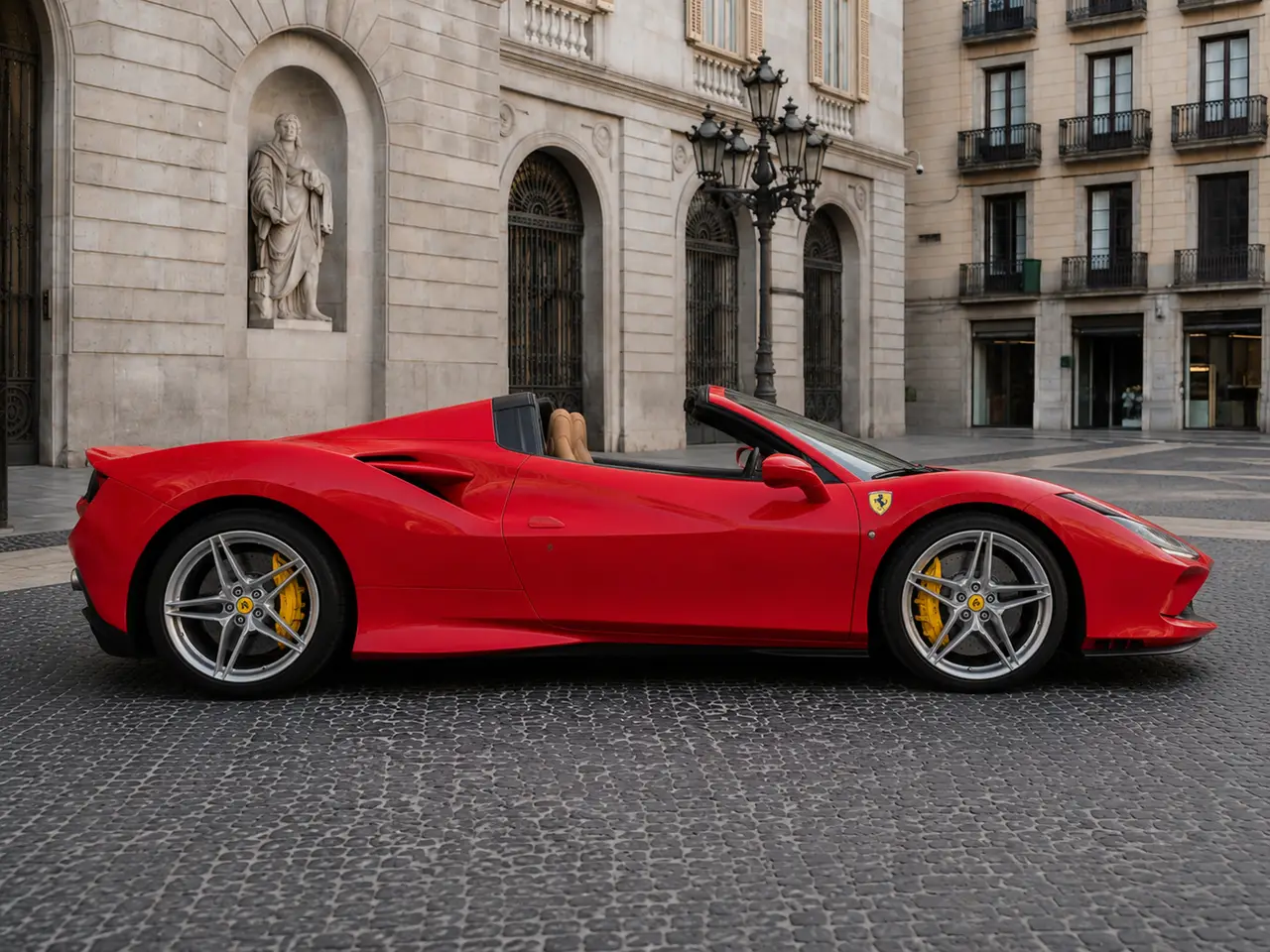 Ferrari F8 Tributo Spider Red 2023, front view — Lisbon Luxury Car Rental, Lisbon. The Ferrari F8 Tributo Spider pairs a 720 hp twin-turbo V8 with a retractable hard top,…