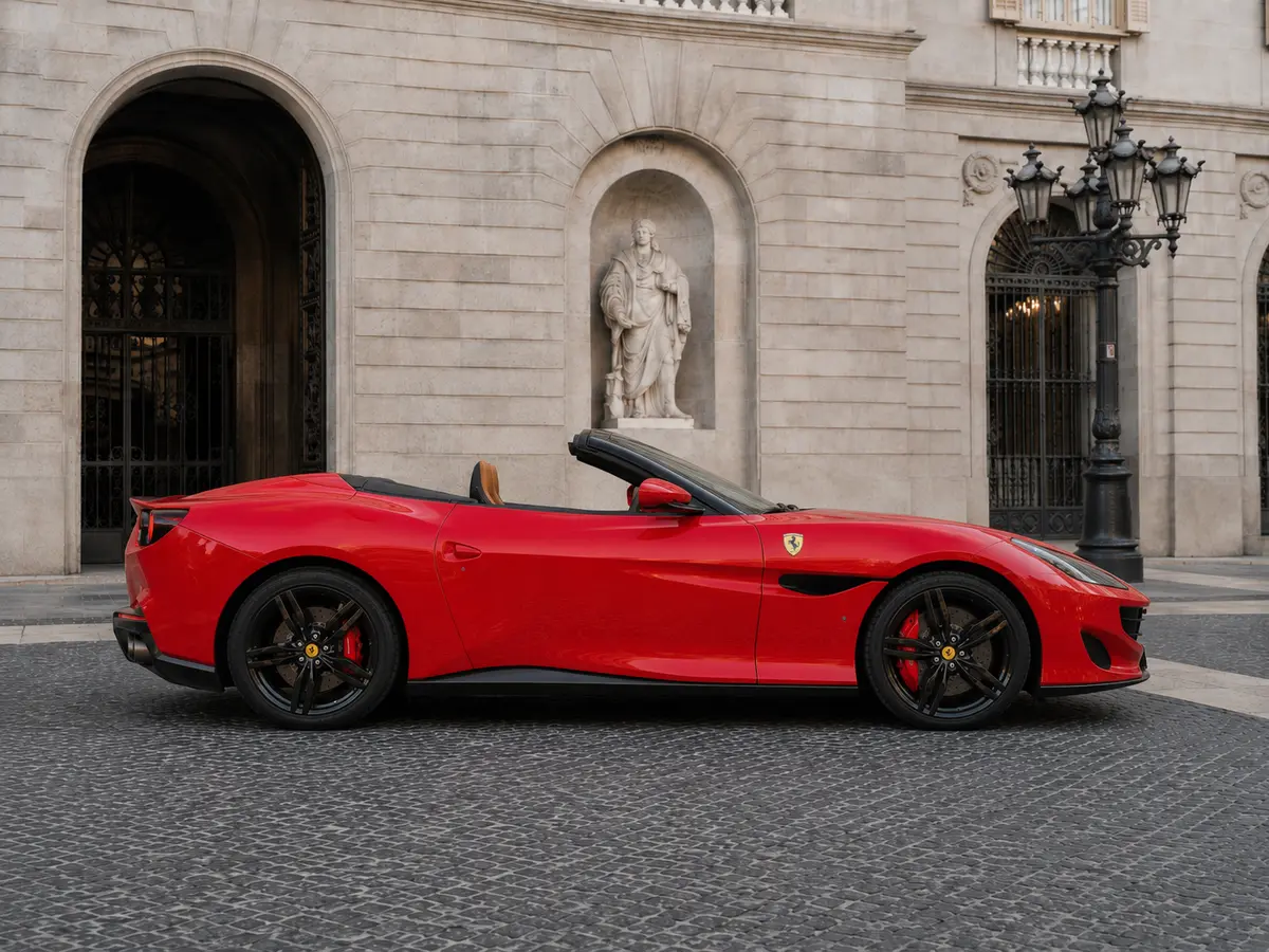 Ferrari Portofino M 2023, front view — Lisbon Luxury Car Rental, Lisbon. The Portofino M carries 620 hp and four seats under a folding hard top, which sets it…
