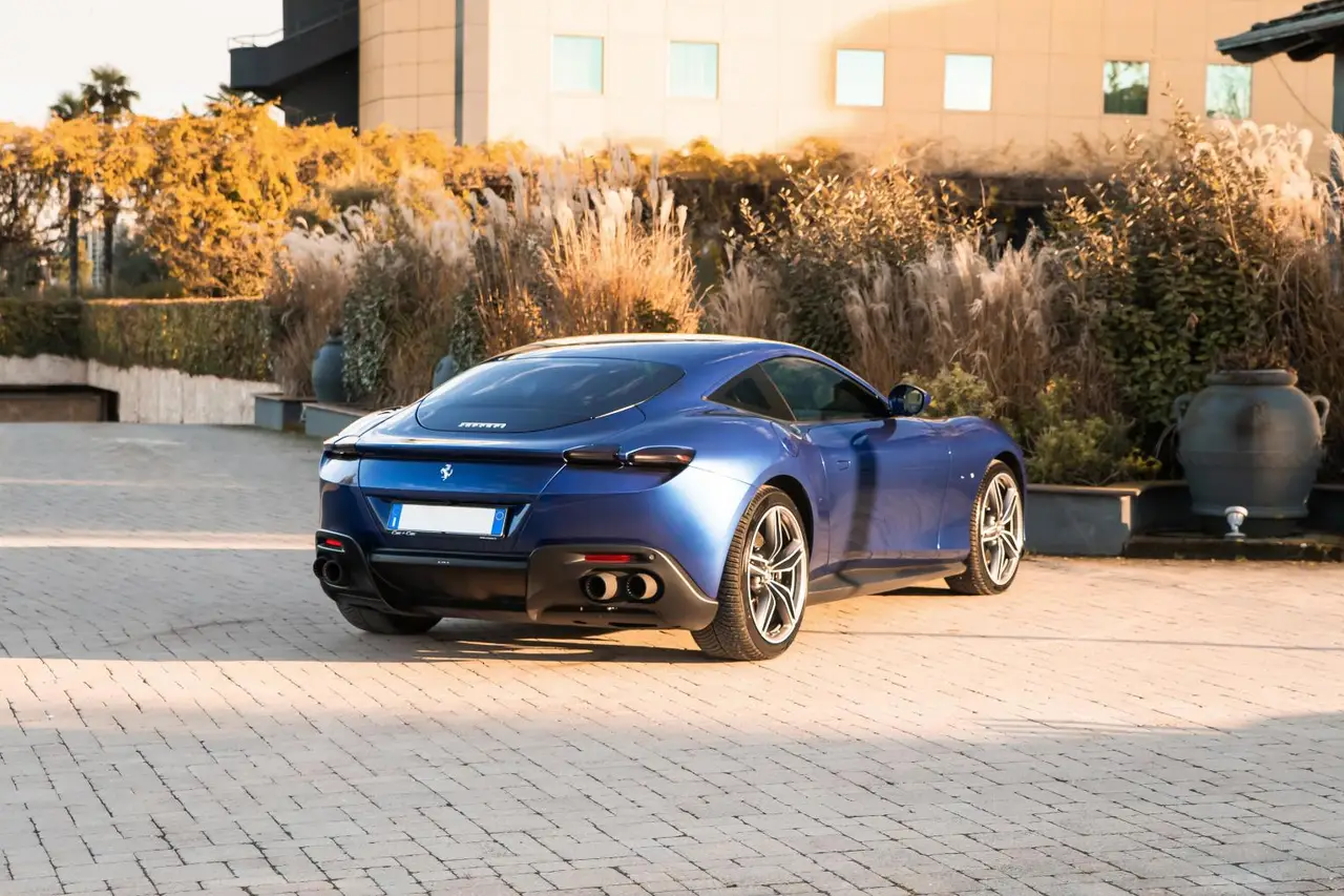 Ferrari Roma 2025, front view — Lisbon Luxury Car Rental, Lisbon. The Ferrari Roma pairs a 620 hp V8 with a cabin built for two couples rather than two…