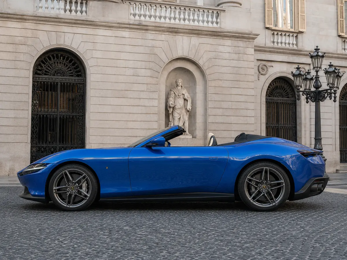Ferrari Roma 2025, exterior — Lisbon Luxury Car Rental, Lisbon. The Ferrari Roma pairs a 620 hp V8 with a cabin built for two couples rather than two…