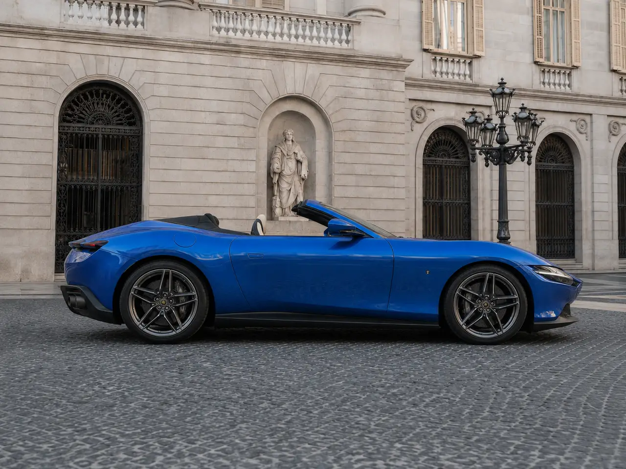 Ferrari Roma 2025, front view — Lisbon Luxury Car Rental, Lisbon. The Ferrari Roma pairs a 620 hp V8 with a cabin built for two couples rather than two…