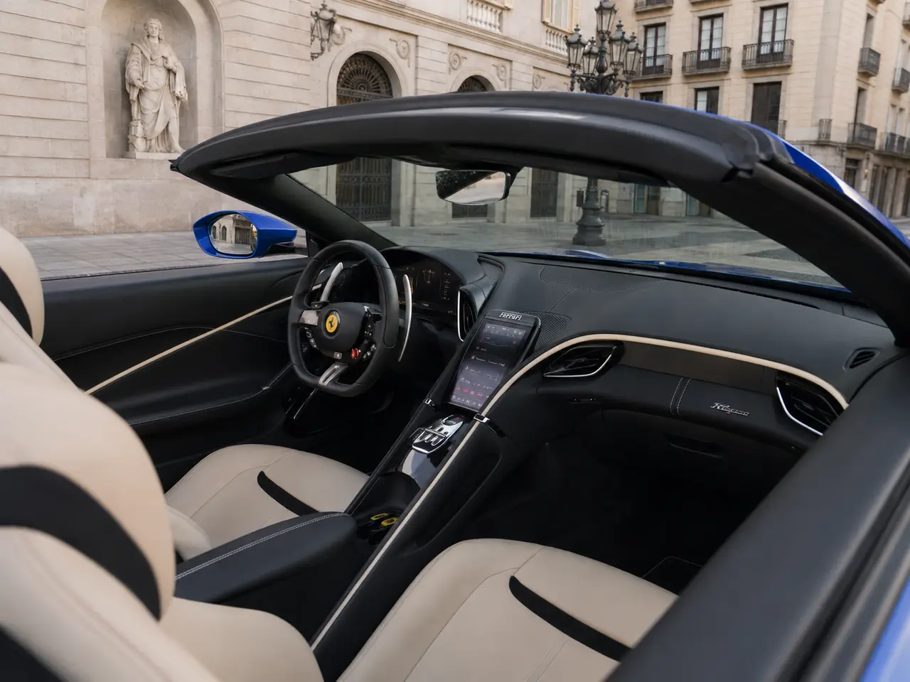 Ferrari Roma 2025, interior — Lisbon Luxury Car Rental, Lisbon. The Ferrari Roma pairs a 620 hp V8 with a cabin built for two couples rather than two…