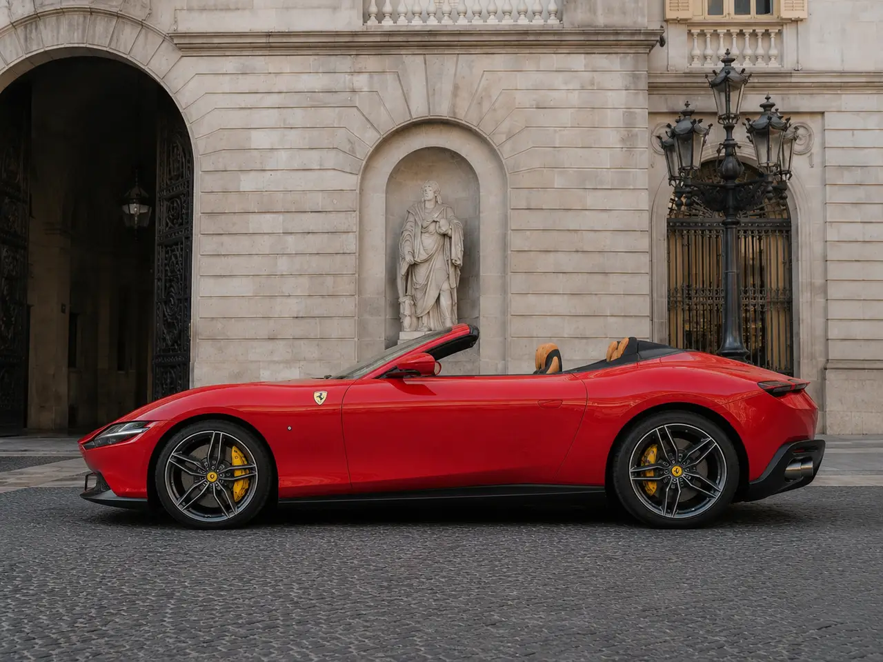 Ferrari Roma Spider 2024, exterior — Lisbon Luxury Car Rental, Lisbon. The 2024 Ferrari Roma Spider pairs 620 hp with a folding roof and a cabin built for two,…