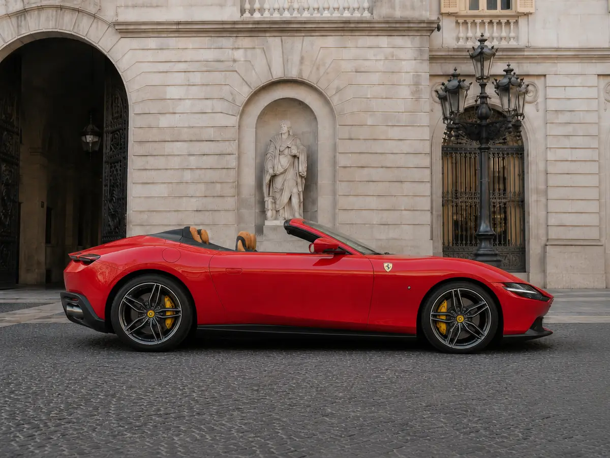 Ferrari Roma Spider 2024, front view — Lisbon Luxury Car Rental, Lisbon. The 2024 Ferrari Roma Spider pairs 620 hp with a folding roof and a cabin built for two,…