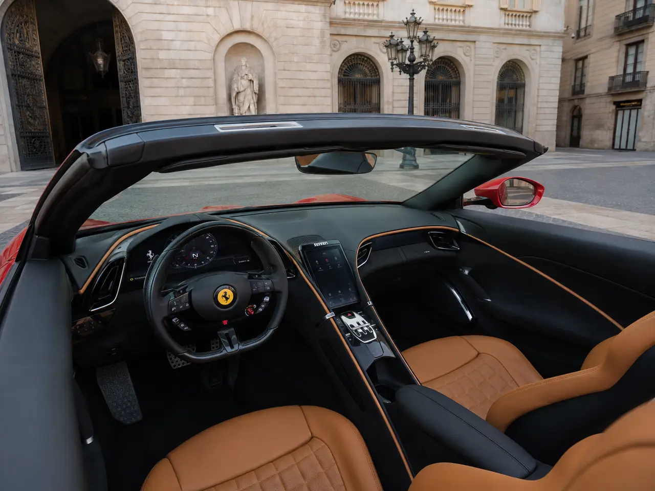 Ferrari Roma Spider 2024, interior — Lisbon Luxury Car Rental, Lisbon. The 2024 Ferrari Roma Spider pairs 620 hp with a folding roof and a cabin built for two,…