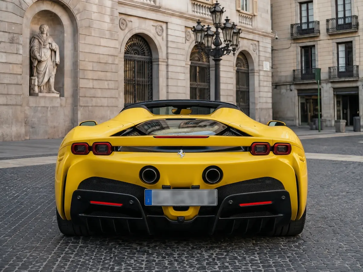 Ferrari SF90 Spider 2024, rear view — Lisbon Luxury Car Rental, Lisbon. The Ferrari SF90 Spider sits at the top of the marque's current range, and it feels that…