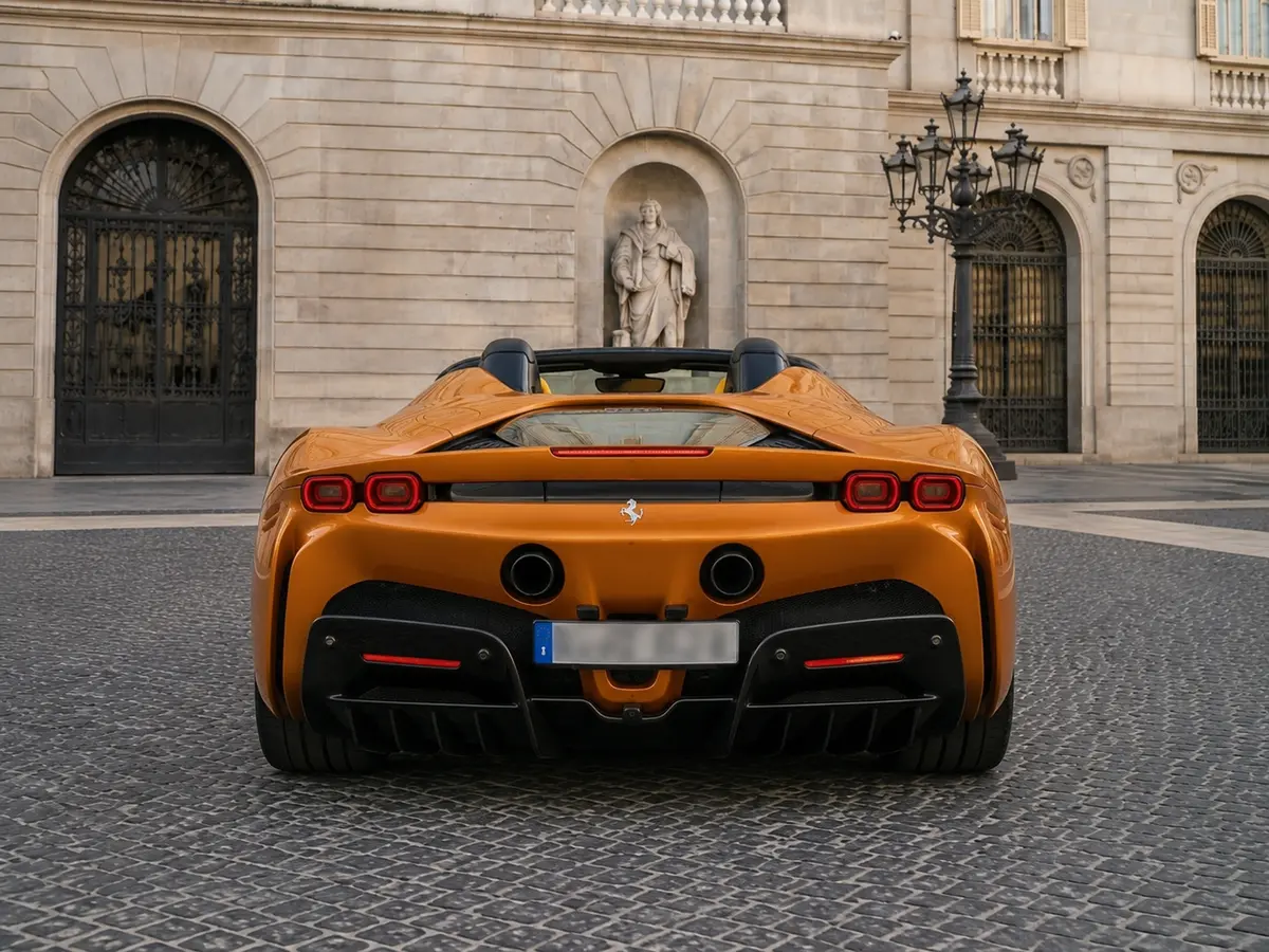 Ferrari SF90 Spider Tailor Made 2025, rear view — Lisbon Luxury Car Rental, Lisbon. The Ferrari SF90 Spider Tailor Made pairs 986 hp with a two-seat, open-top cockpit,…