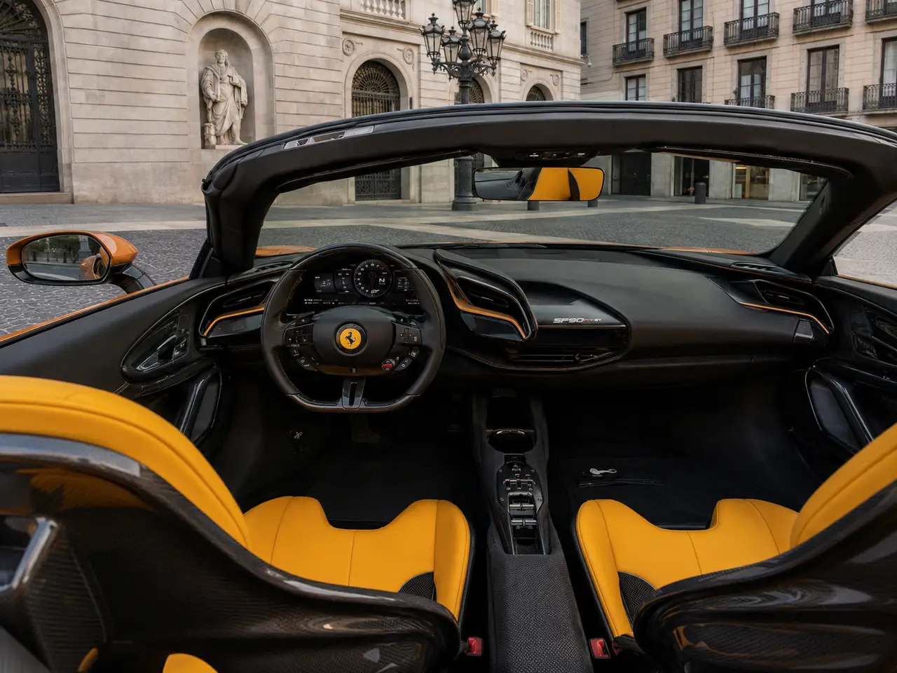 Ferrari SF90 Spider Tailor Made 2025, interior — Lisbon Luxury Car Rental, Lisbon. The Ferrari SF90 Spider Tailor Made pairs 986 hp with a two-seat, open-top cockpit,…