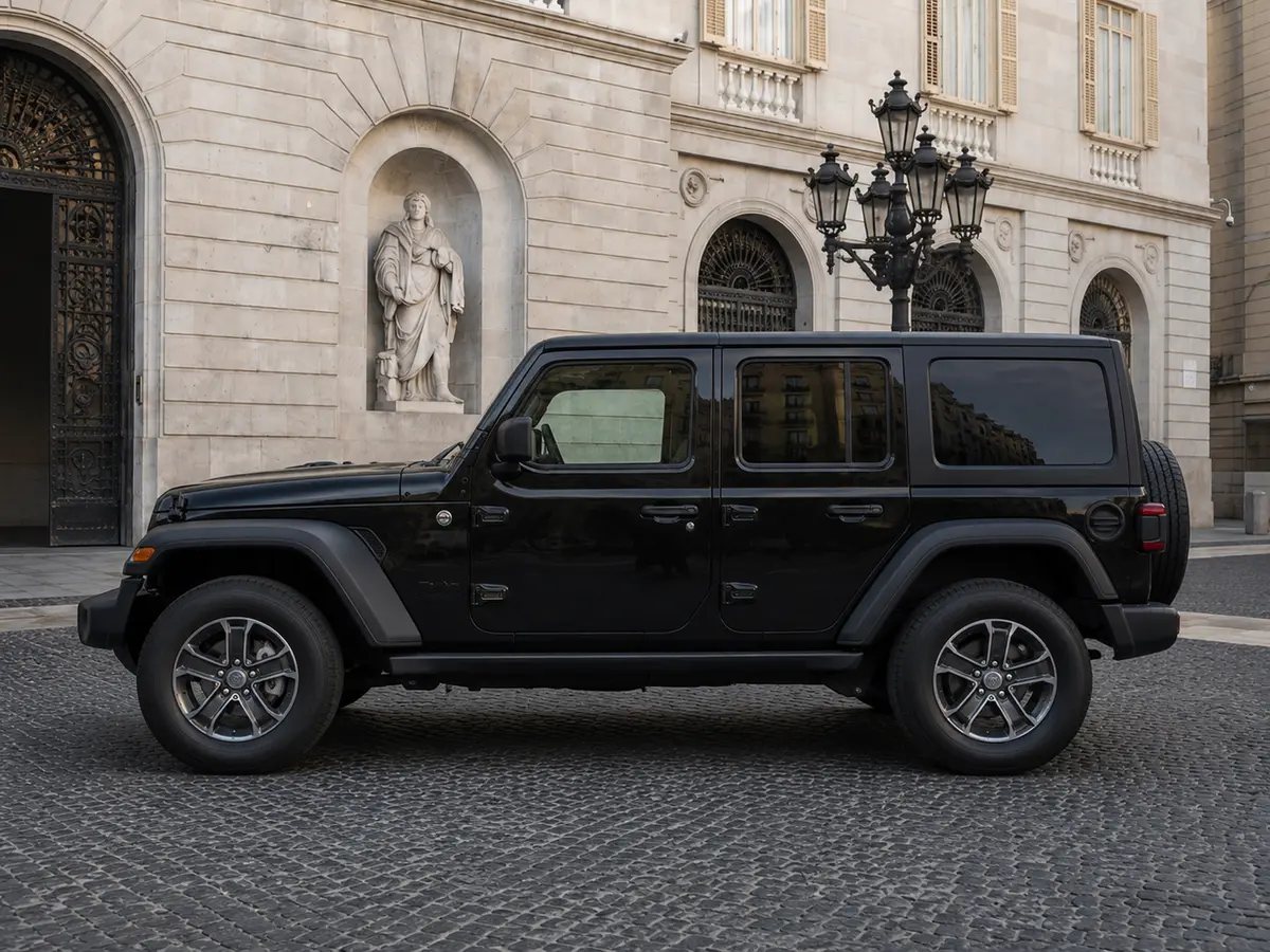 Jeep Wrangler 2025, exterior — Lisbon Luxury Car Rental, Lisbon. The 2025 Jeep Wrangler brings a different kind of presence to the fleet: upright, boxy,…