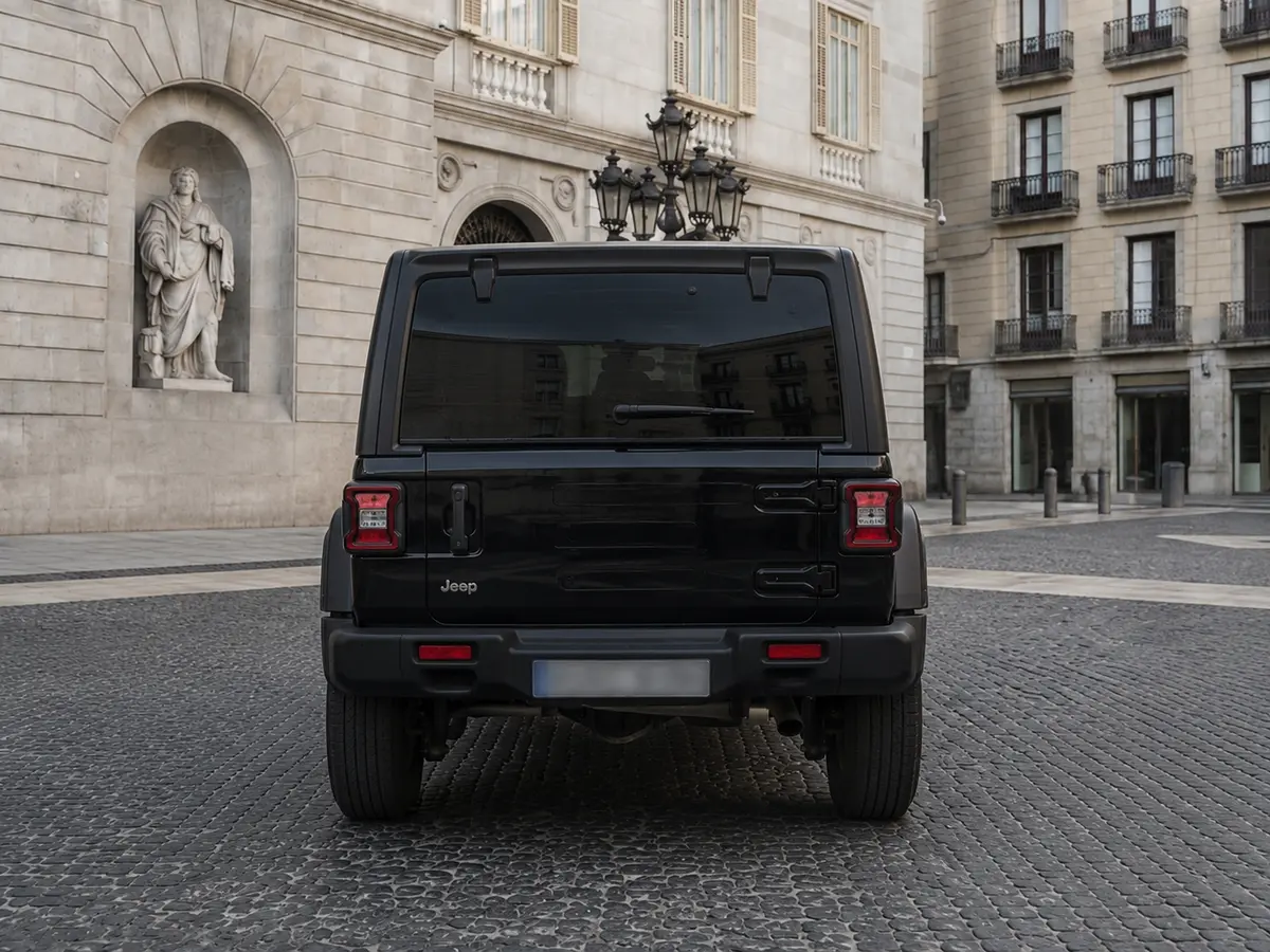 Jeep Wrangler 2025, rear view — Lisbon Luxury Car Rental, Lisbon. The 2025 Jeep Wrangler brings a different kind of presence to the fleet: upright, boxy,…