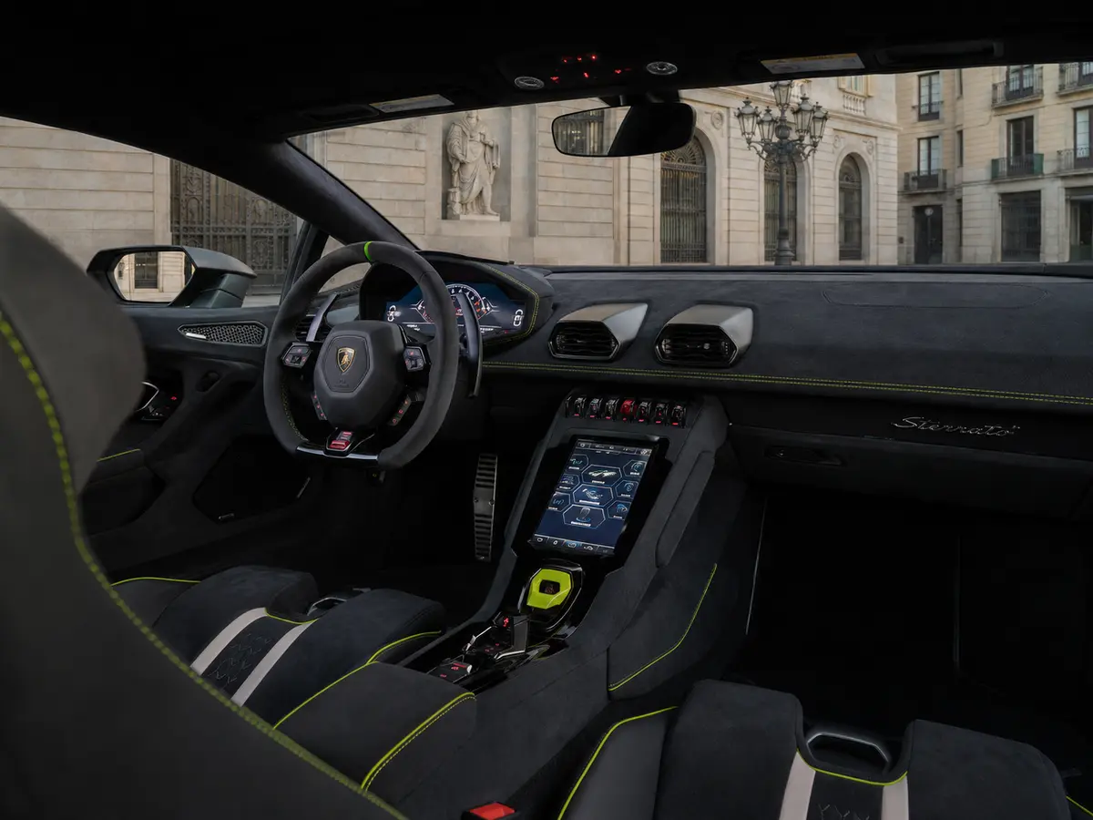 Lamborghini Huracan Sterrato 2024, interior — Lisbon Luxury Car Rental, Lisbon. The Lamborghini Huracan Sterrato is the version of the Huracan built for surfaces the…