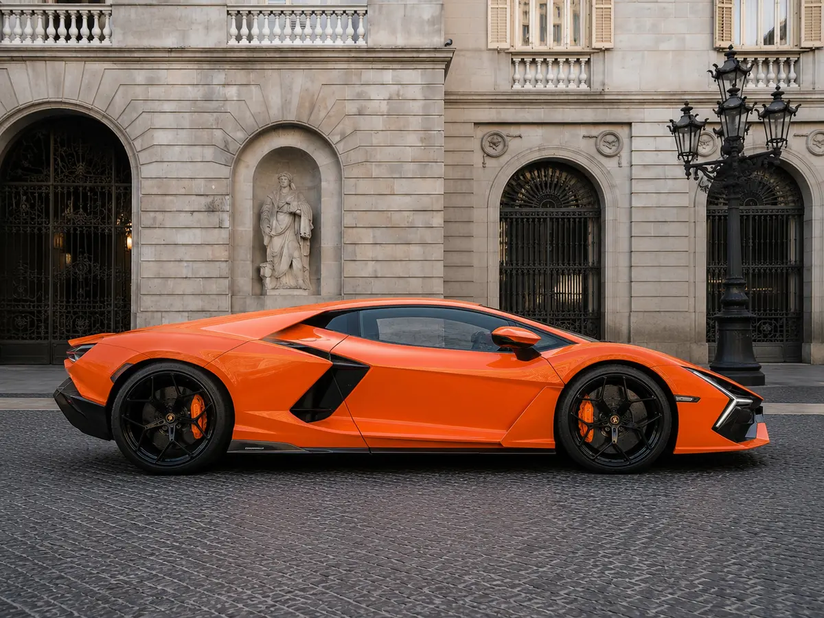 Lamborghini Revuelto 2026, front view — Lisbon Luxury Car Rental, Lisbon. The Revuelto is Lamborghini's first series-production V12 hybrid, and it drives like an…