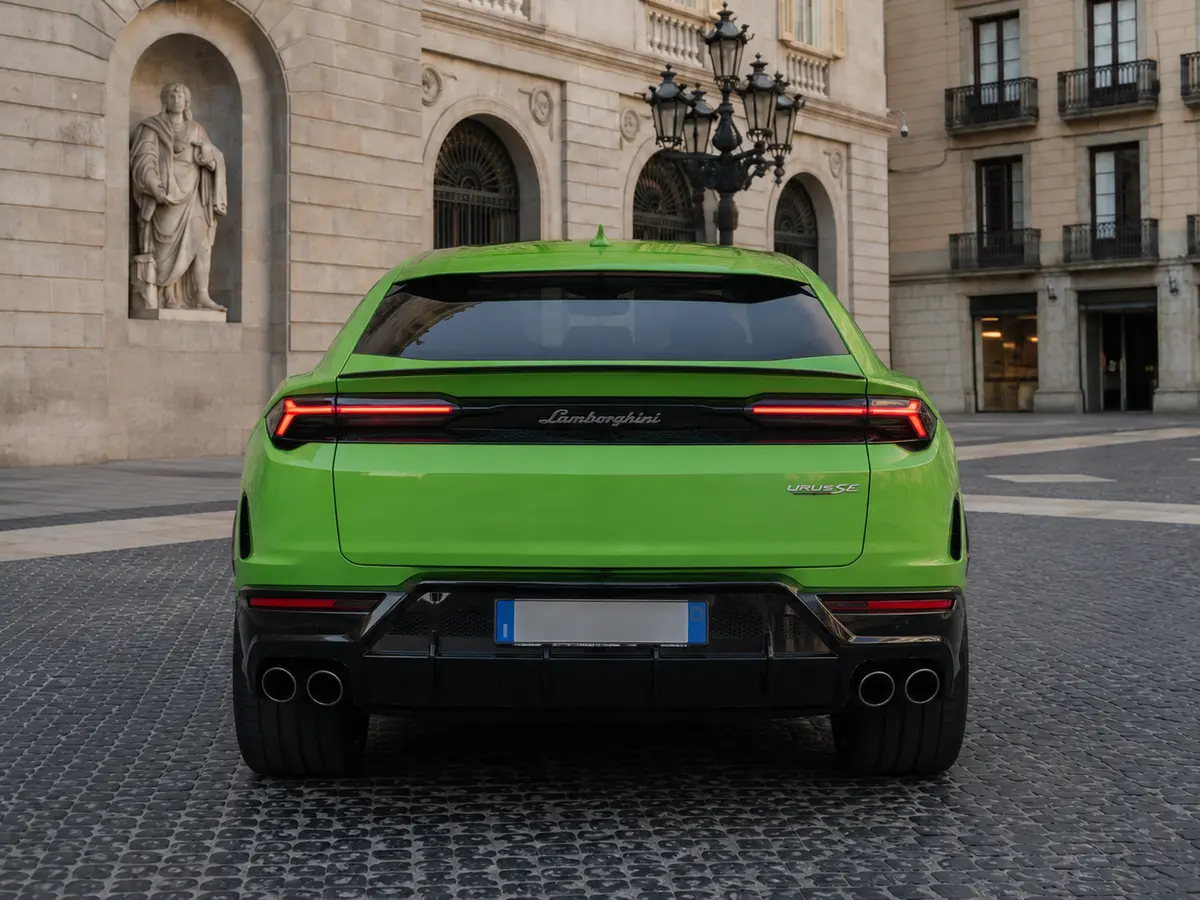 Lamborghini Urus SE 2026, rear view — Lisbon Luxury Car Rental, Lisbon. The Lamborghini Urus SE brings genuine supercar presence to a five-seat SUV format, a…