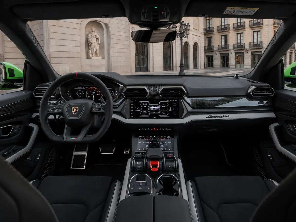 Lamborghini Urus SE 2026, interior — Lisbon Luxury Car Rental, Lisbon. The Lamborghini Urus SE brings genuine supercar presence to a five-seat SUV format, a…