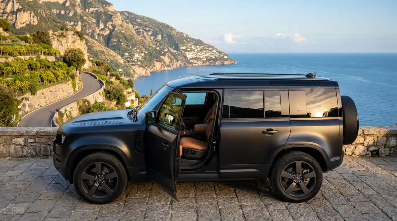 Land Rover Defender 2024, interior — Lisbon Luxury Car Rental, Lisbon. The 2024 Land Rover Defender brings 400 hp and seven seats to a fleet mostly built around…