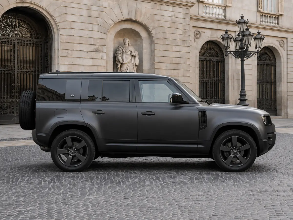Land Rover Defender 2024, front view — Lisbon Luxury Car Rental, Lisbon. The 2024 Land Rover Defender brings 400 hp and seven seats to a fleet mostly built around…