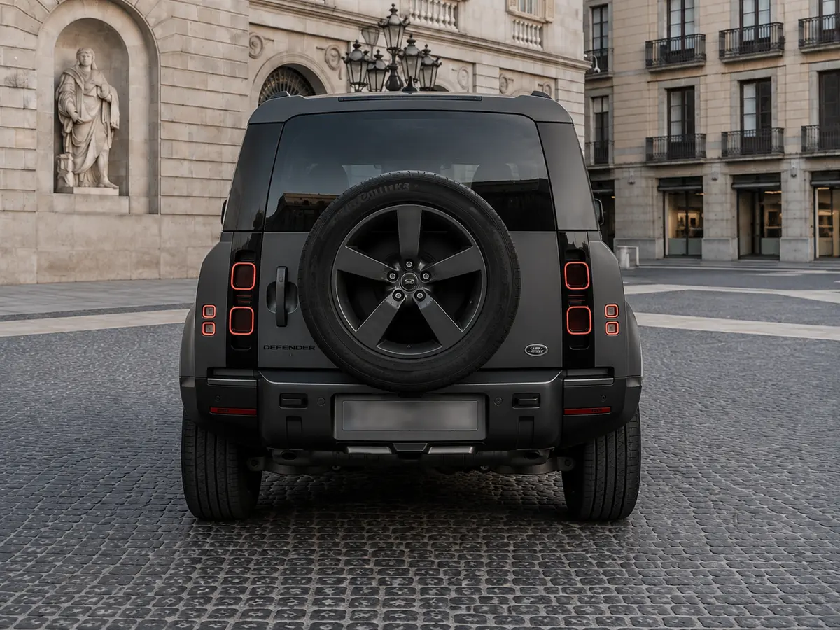 Land Rover Defender 2024, rear view — Lisbon Luxury Car Rental, Lisbon. The 2024 Land Rover Defender brings 400 hp and seven seats to a fleet mostly built around…