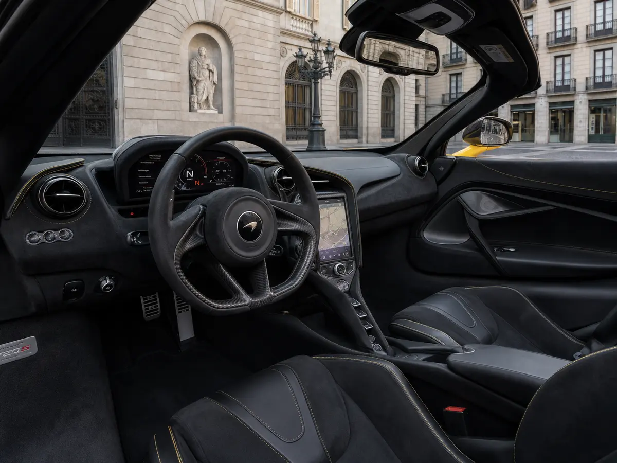 McLaren 720S Spider 2022, interior — Lisbon Luxury Car Rental, Lisbon. The 2022 McLaren 720S Spider carries 720 hp through a mid-engine layout built for…
