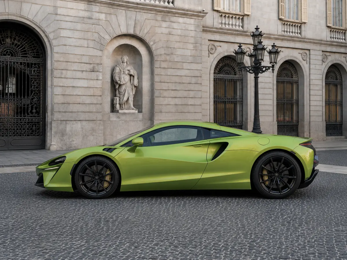 McLaren Artura Spider 2024, exterior — Lisbon Luxury Car Rental, Lisbon. The 2024 McLaren Artura Spider carries a plug-in hybrid V6 producing 671 hp, delivered…