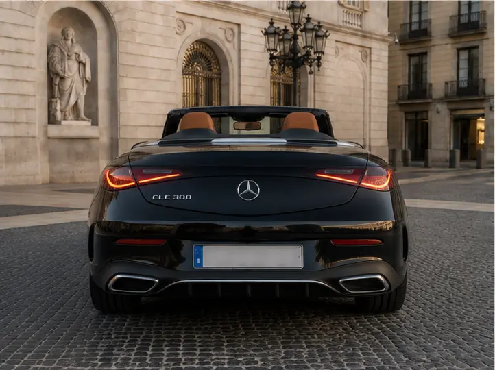 Mercedes Benz CLE 300 Cabriolet AMG Premium 2025, rear view — Lisbon Luxury Car Rental, Lisbon. The Mercedes Benz CLE 300 Cabriolet AMG Premium reads as the sensible luxury choice among…