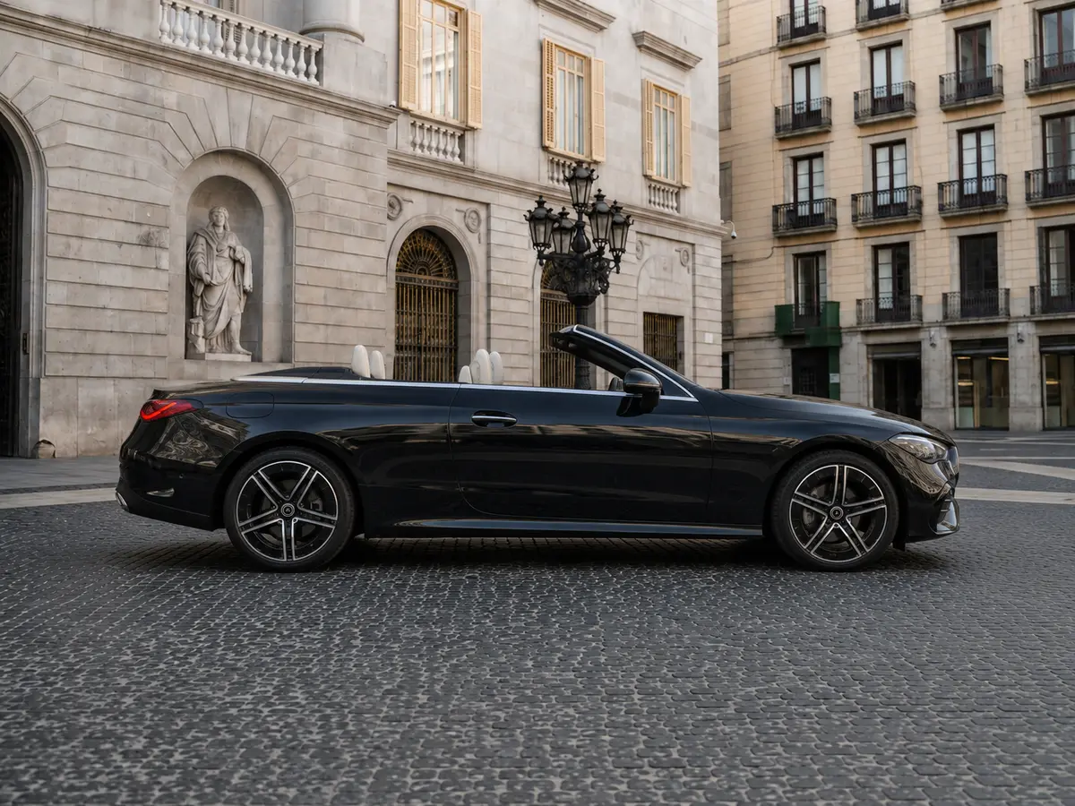 Mercedes Benz CLE Cabrio 2025, front view — Lisbon Luxury Car Rental, Lisbon. The 2025 Mercedes Benz CLE Cabrio pairs a 258 hp engine with a four-seat cabin, giving it…