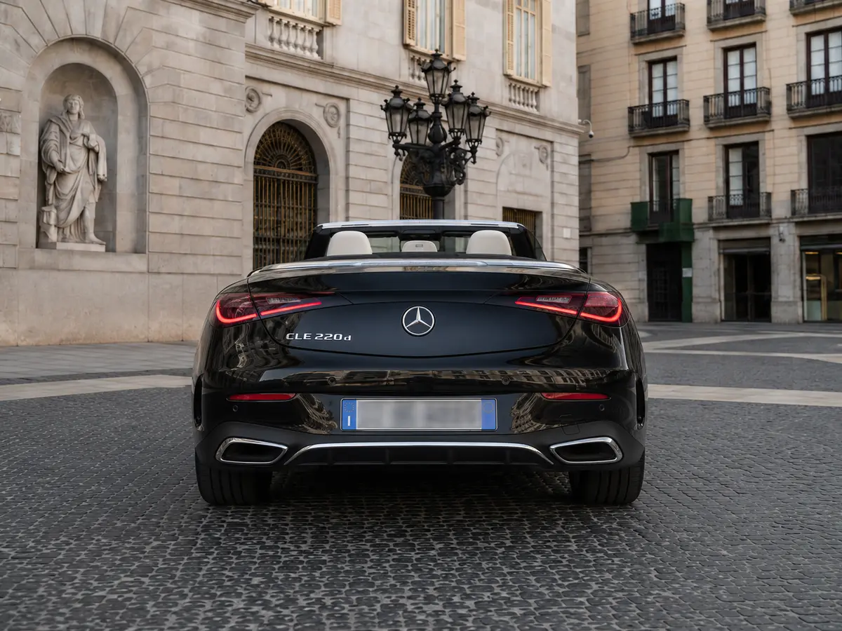 Mercedes Benz CLE Cabrio 2025, rear view — Lisbon Luxury Car Rental, Lisbon. The 2025 Mercedes Benz CLE Cabrio pairs a 258 hp engine with a four-seat cabin, giving it…