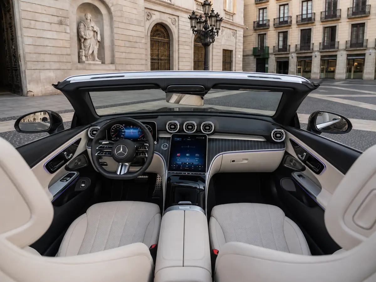 Mercedes Benz CLE Cabrio 2025, interior — Lisbon Luxury Car Rental, Lisbon. The 2025 Mercedes Benz CLE Cabrio pairs a 258 hp engine with a four-seat cabin, giving it…