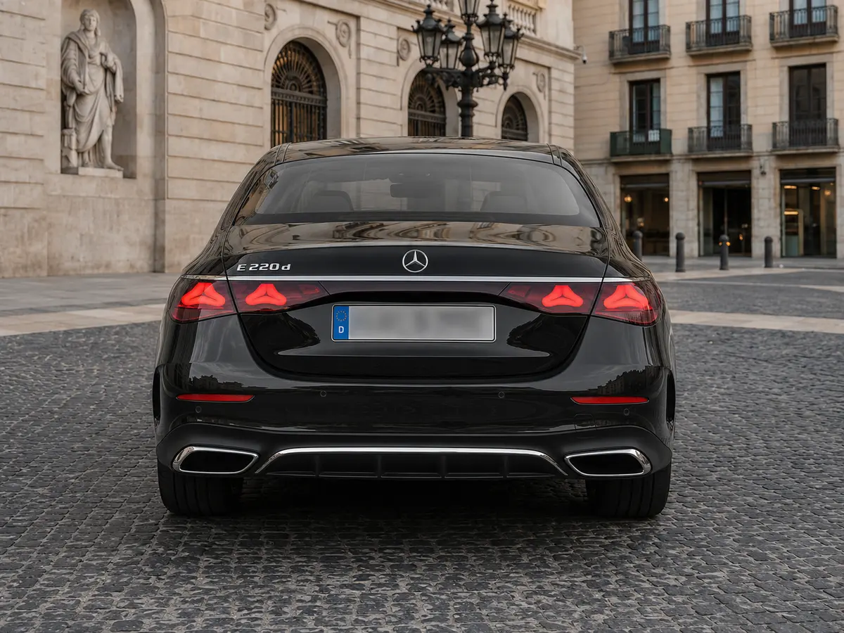 Mercedes Benz E-klasse 220d Premium Plus 2026, rear view — Lisbon Luxury Car Rental, Lisbon. The 2026 Mercedes-Benz E-Klasse 220d Premium Plus is built for clients who want presence…